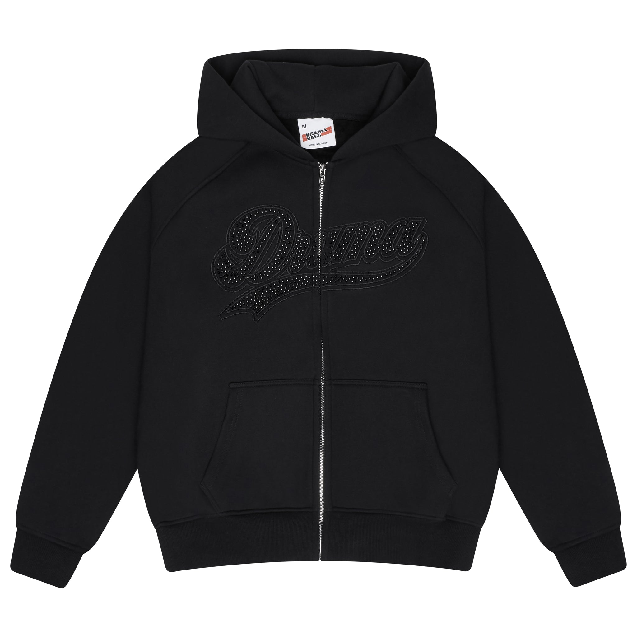 BLACK ON BLACK SCRIPT STUD HOOD