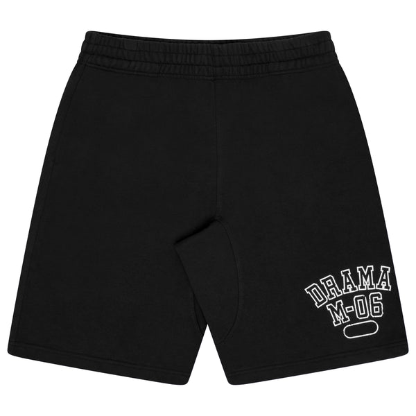 BLACK DISTRESSED COLLEGE SHORTS