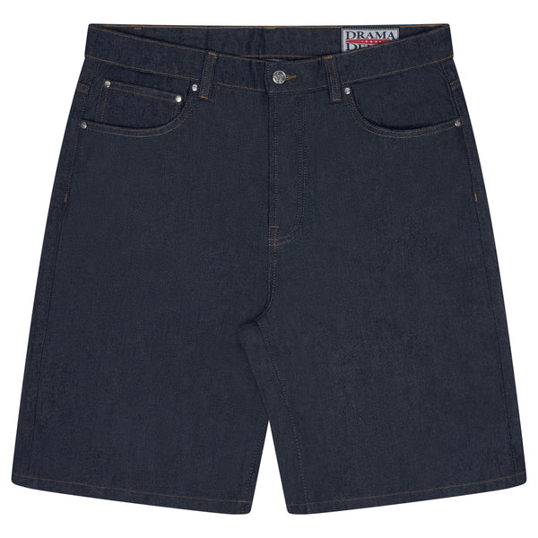 CHAIN STITCH SCRIPT JUMBO JORTS (RAW INDIGO)