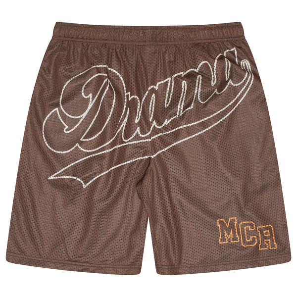 BROWN SCRIPT MESH SHORTS