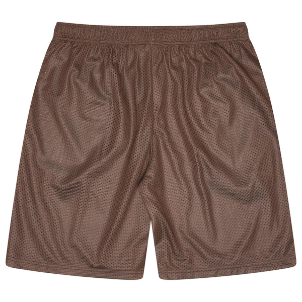 BROWN SCRIPT MESH SHORTS