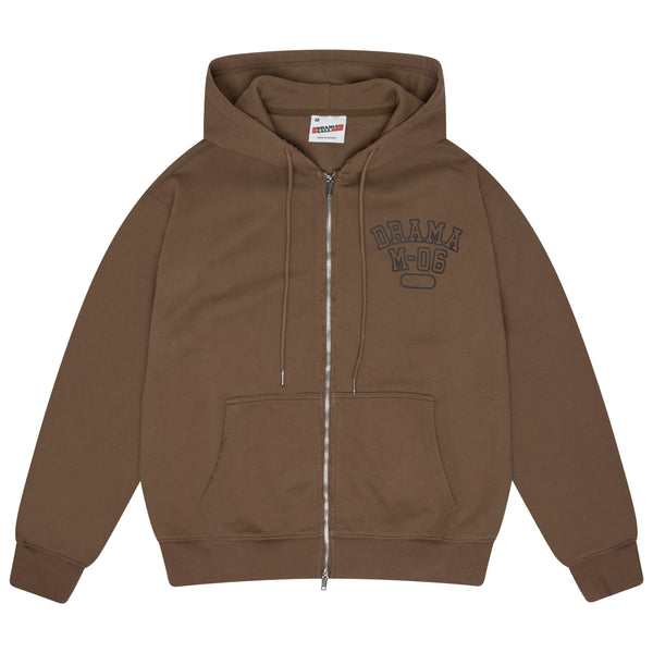 BROWN DISTRESSED COLLEGE ZIP UP