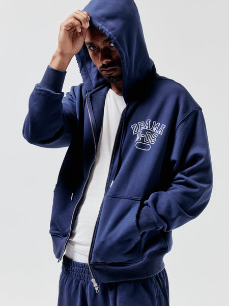 NAVY DISTRESSED COLLEGE ZIP UP