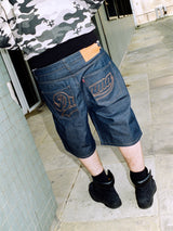 CHAIN STITCH SCRIPT JUMBO JORTS (RAW INDIGO) - New