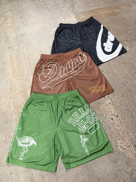 BROWN SCRIPT MESH SHORTS
