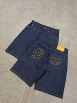 CHAIN STITCH SCRIPT JUMBO JORTS (RAW INDIGO) - New
