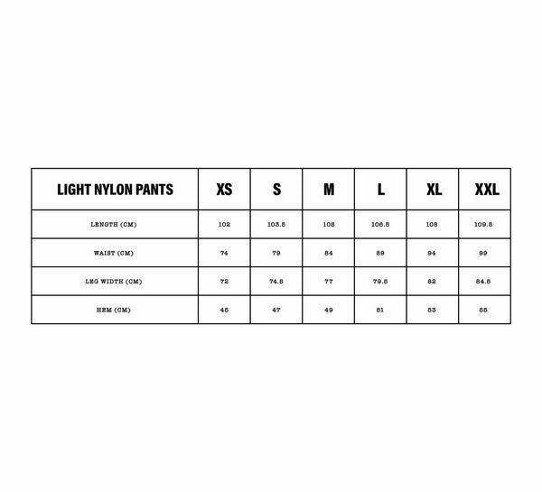 Drama Call light nylon pants size chart