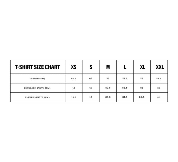 Official Drama Call t-shirt size chart displaying length, shoulder width, and sleeve length measurements