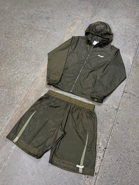 Army green Drama Call ripstop lightweight shorts and jacket set