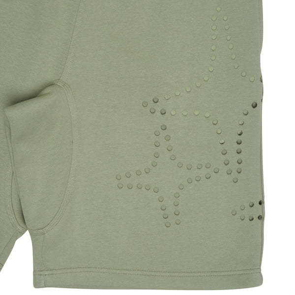 Close-up detail of army green Drama Call 3STA hole shorts