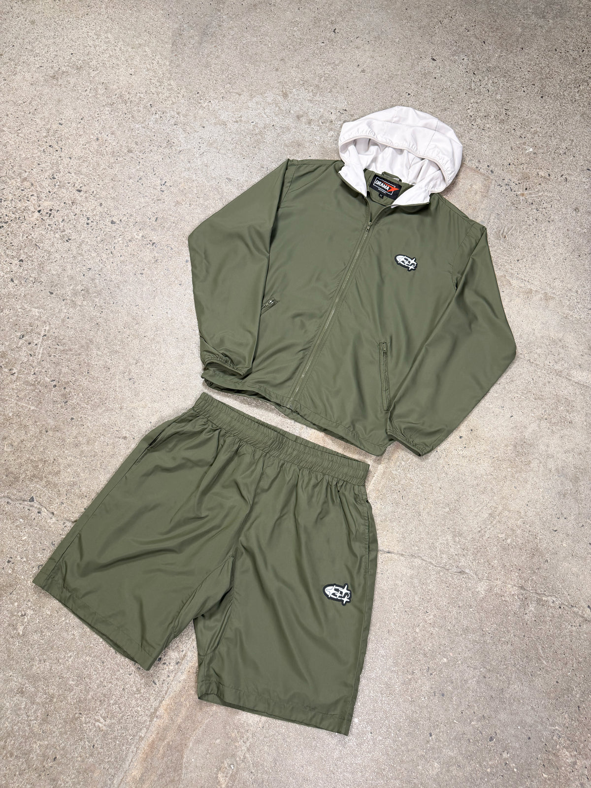 Army green Drama Call 4STA running shorts and matching jacket set