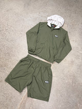Army green Drama Call 4STA running shorts and matching jacket set