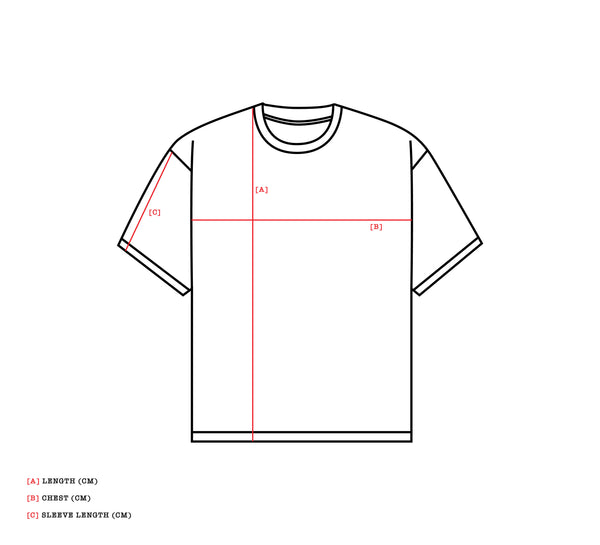Drama Call graphic tees size chart technical flat diagram showing length, chest, and sleeve measurements