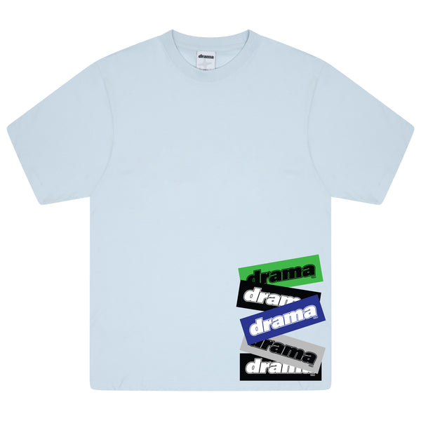 Men's baby blue Drama Call stacked staple graphic tee front view 