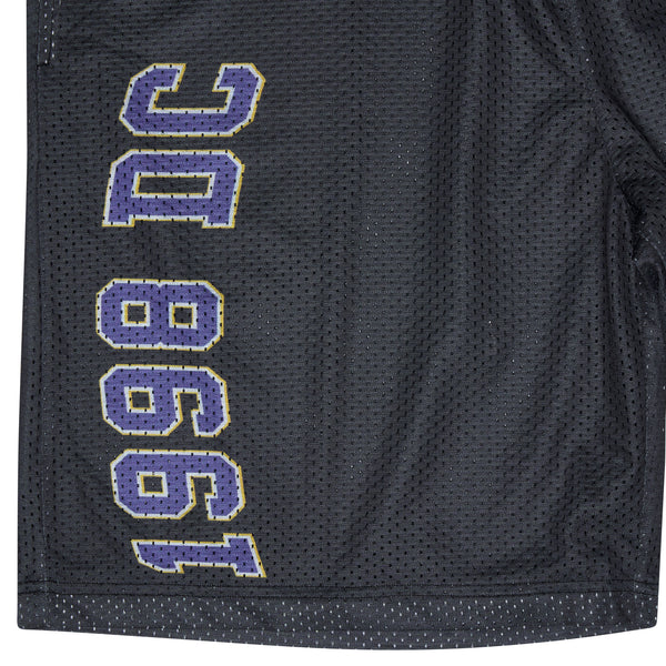 Close-up detail of black Drama Call 1998 DC mesh shorts 