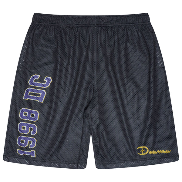 Men's black 1998 DC mesh shorts, front view 
