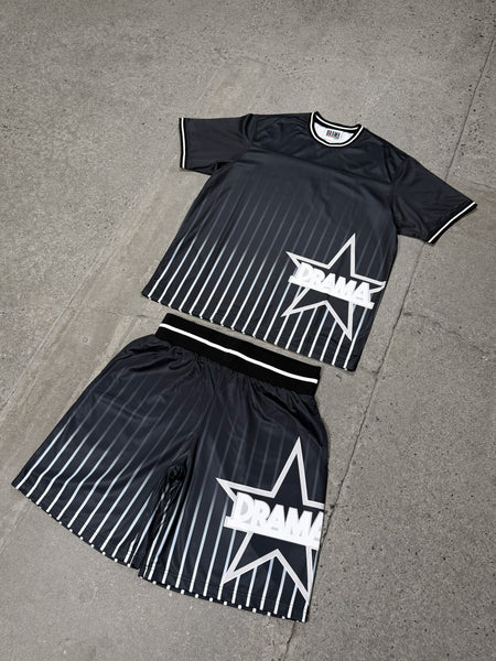 Men's black All Star shorts and matching jersey set in a flat lay view.