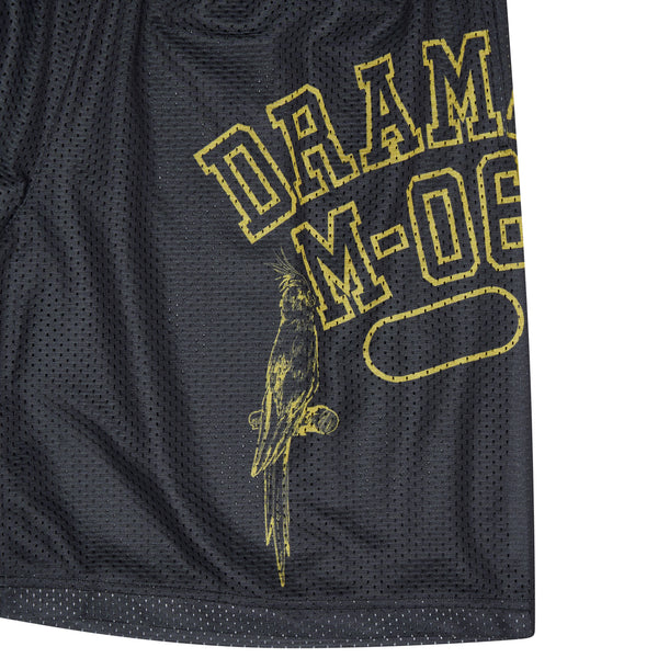 Close-up view of black animal mesh shorts
