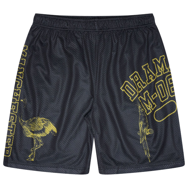 Men's black animal mesh shorts, front view