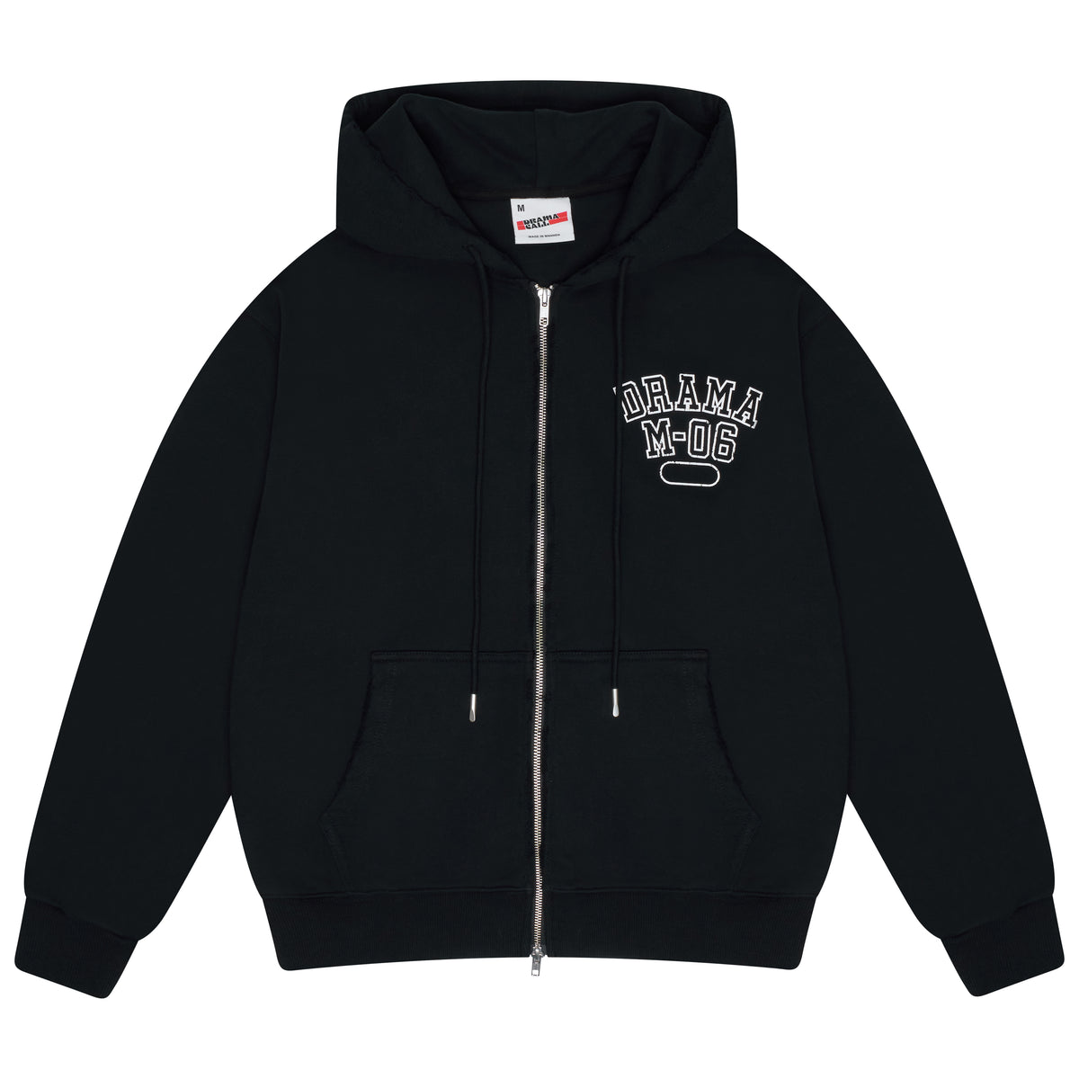 Men's black Drama Call distressed college zip-up hoodie, front view