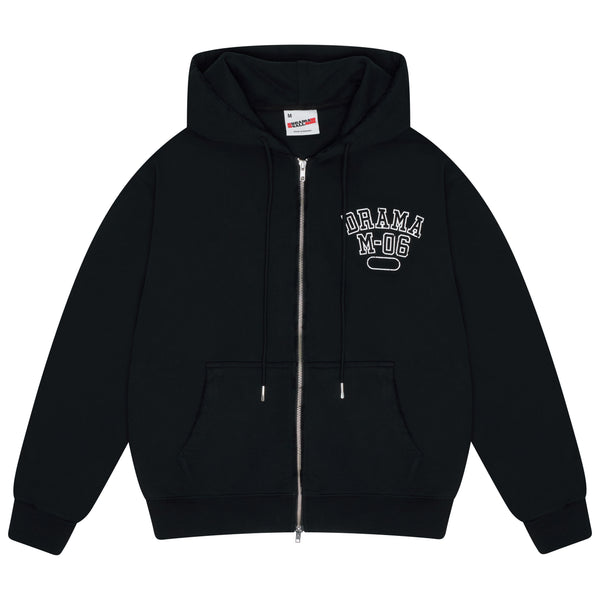 Men's black Drama Call distressed college zip-up hoodie, front view