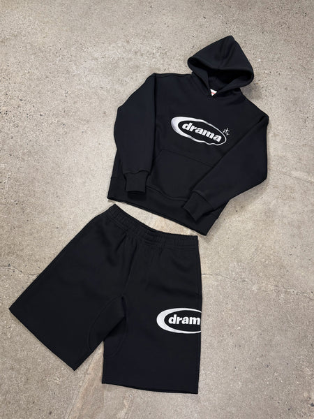 Men's black Drama Call oval hoodie set, flat lay view.