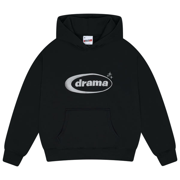 Men's black Drama Call oval logo hoodie, front view.