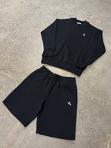 Men's black Drama Call STA crewneck sweatshirt set, flat lay view.