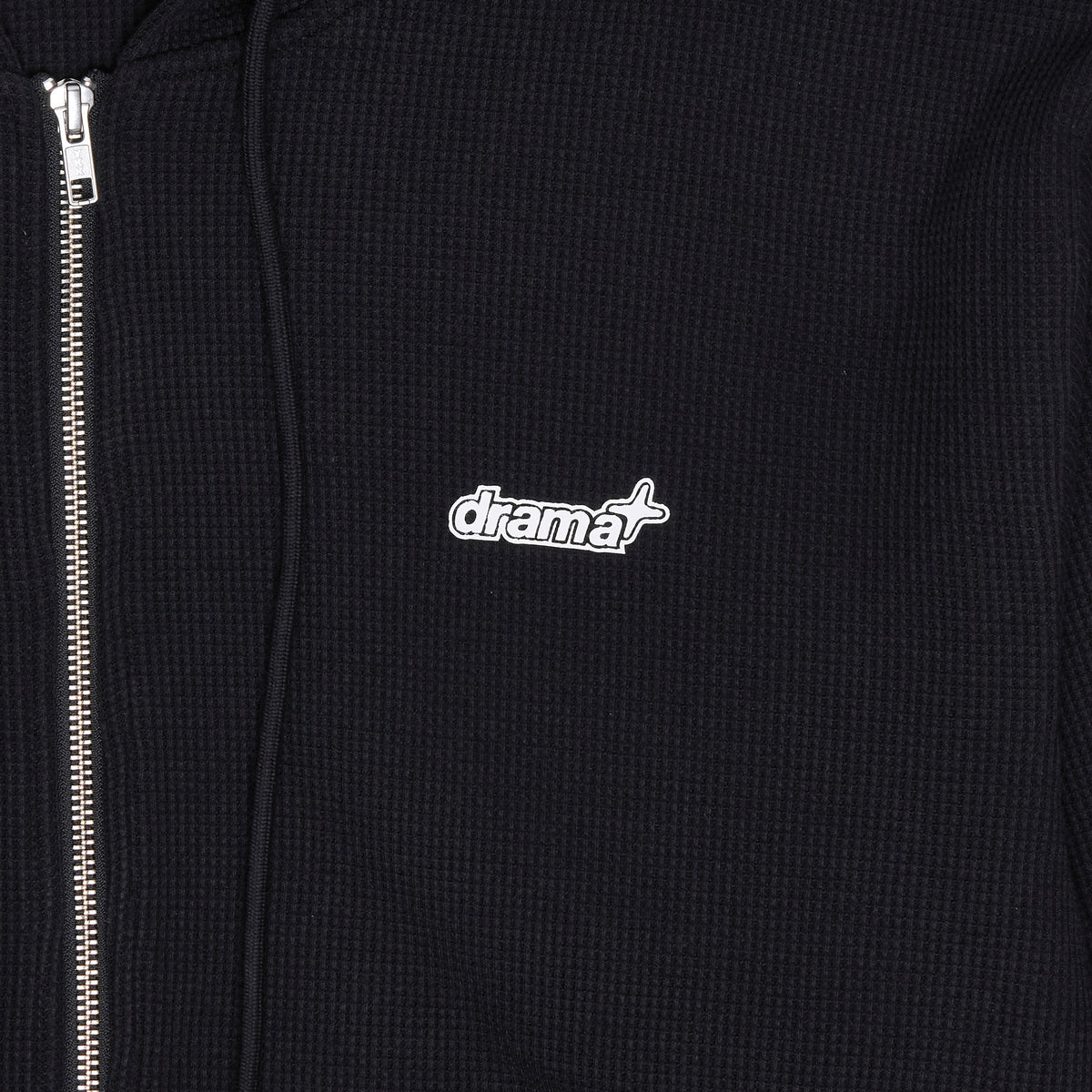 Men's black waffle zip-up hoodie, detail view