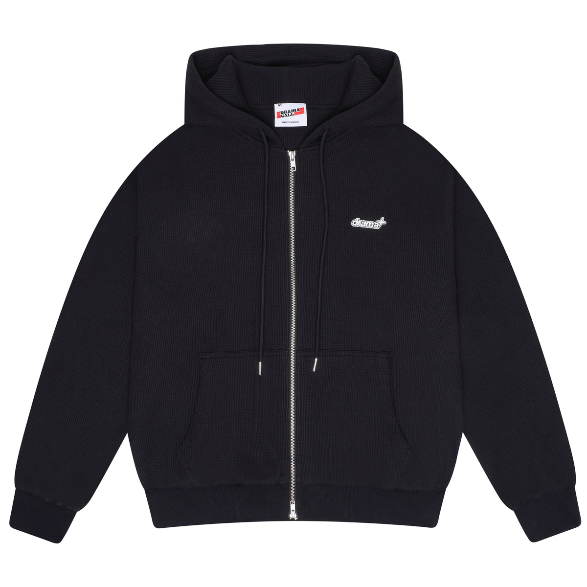 Men's black waffle zip-up hoodie, front view 
