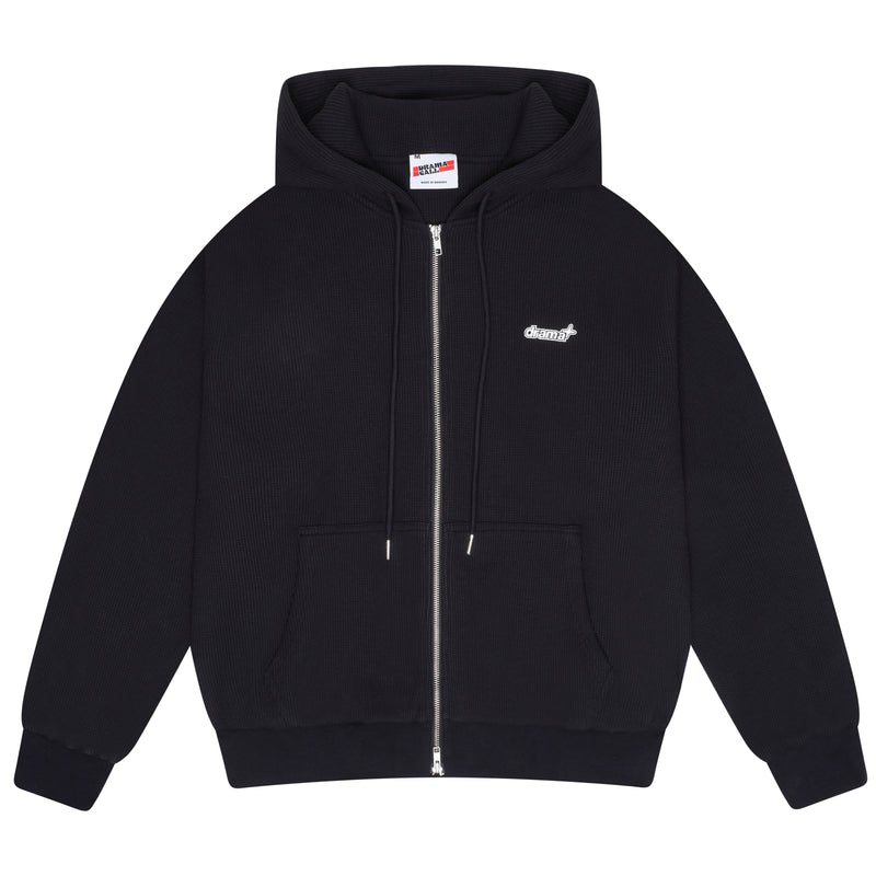 Men's black waffle zip-up hoodie, front view 