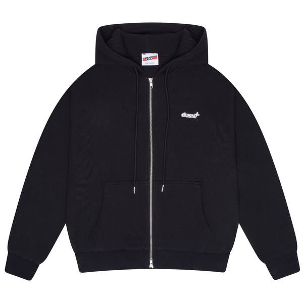 Men's black waffle zip-up hoodie, front view 