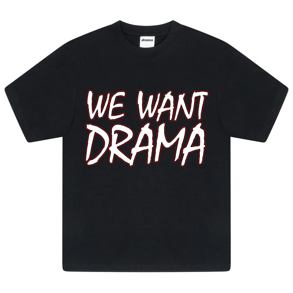 Men's black We Want Drama graphic tee flat lay