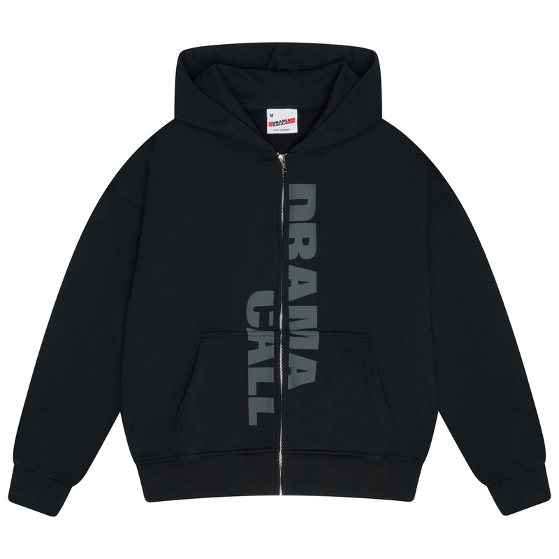 Men's black on black Drama Call zip-up hoodie front view