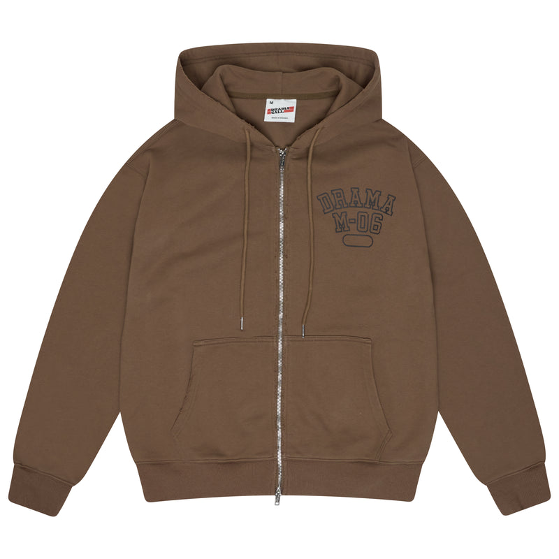Men's brown distressed college zip-up hoodie, front view