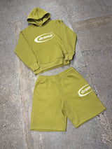 Green Drama Call oval hoodie set flat lay view.