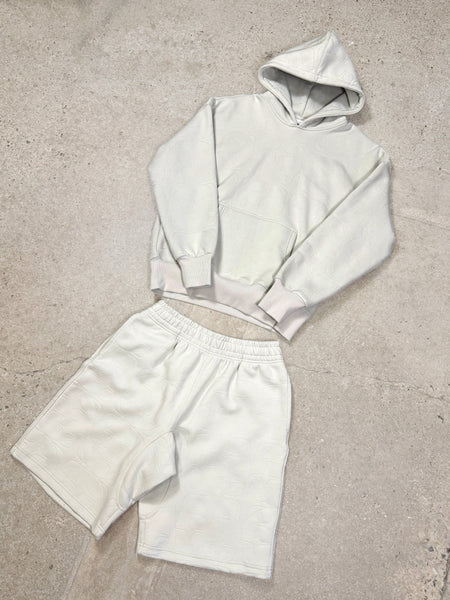 Men's grey Drama Call All Star embroidered hoodie set flat lay view.