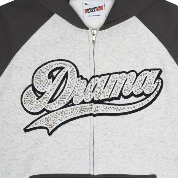 Close-up of the grey and black Drama Call script stud zip-up hoodie