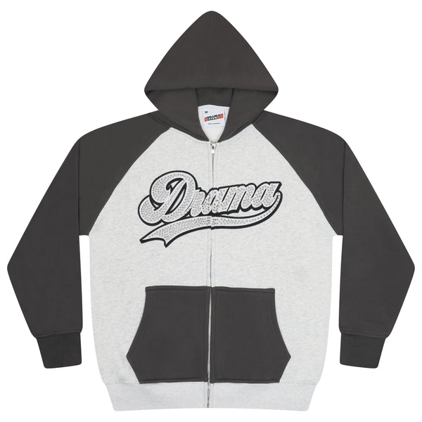 Men's grey and black Drama Call script stud zip-up hoodie front view.