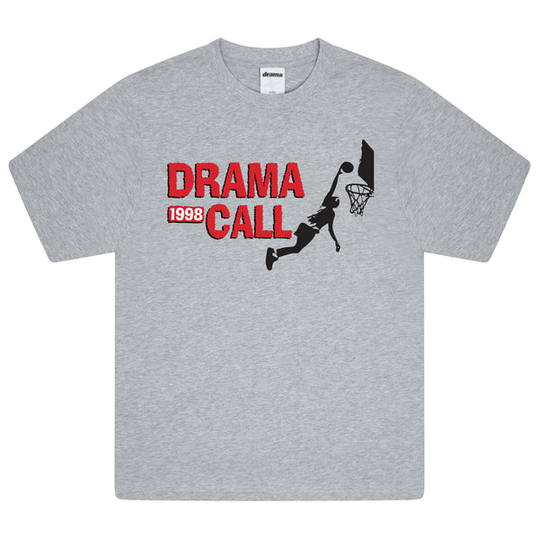 Men's grey Drama Call graphic tee flat lay featuring a red and black 1998 basketball slam dunk graphic