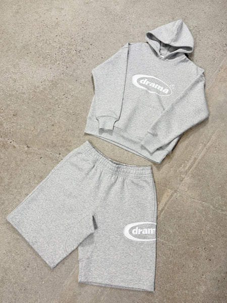 Men's grey Drama Call OG oval hoodie and matching shorts, flat lay view.