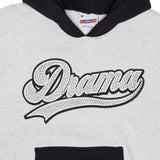 Close up view of the grey Drama Call stud script vest hoodie