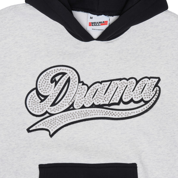 Close up view of the grey Drama Call stud script vest hoodie