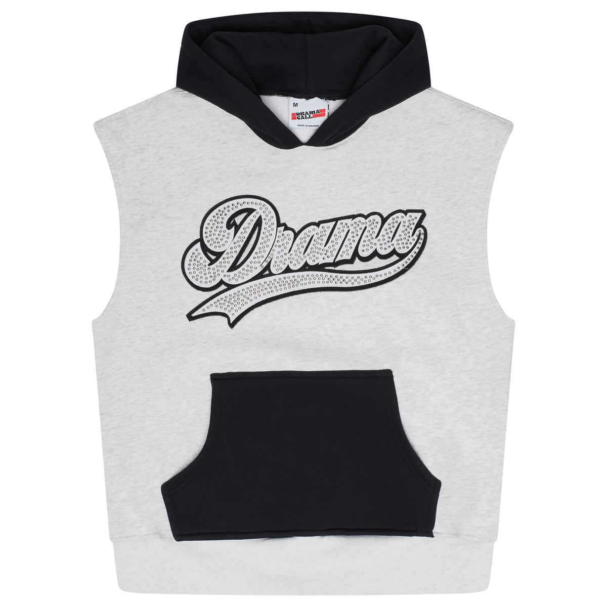 Men's grey and black Drama Call stud script vest hoodie front view