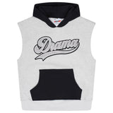Men's grey and black Drama Call stud script vest hoodie front view