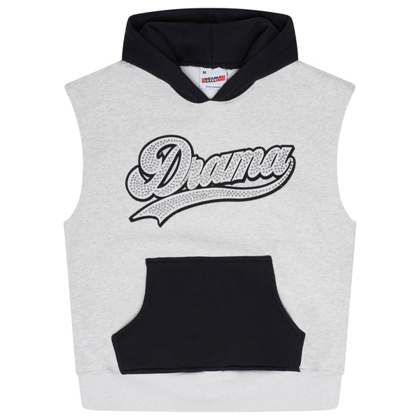 Men's grey and black Drama Call stud script vest hoodie front view