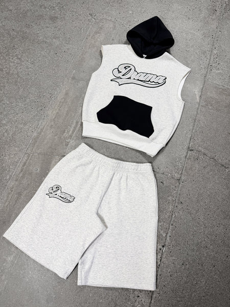 Men's grey Drama Call stud script vest hoodie set in a flat lay view.