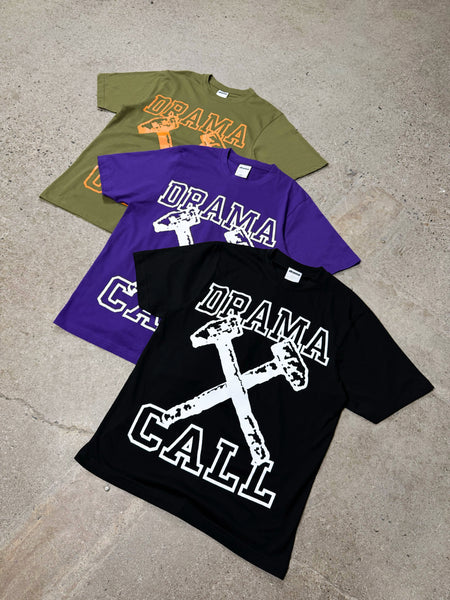 Men's Drama Call hammer graphic tees laid flat in olive green, purple, and black colorways