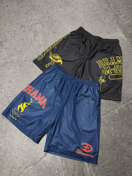 Men's navy and black Drama Call Olympic mesh shorts in a flat lay view.