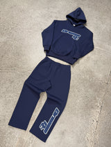Men's navy AV sport hoodie and matching sweatpants set laid out flat